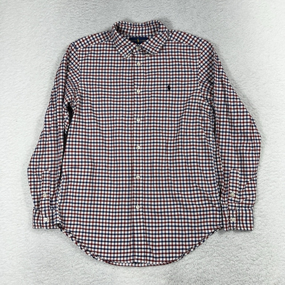 Ralph Lauren Shirt Youth 18 Blue Red Plaid Button Front 100% Cotton